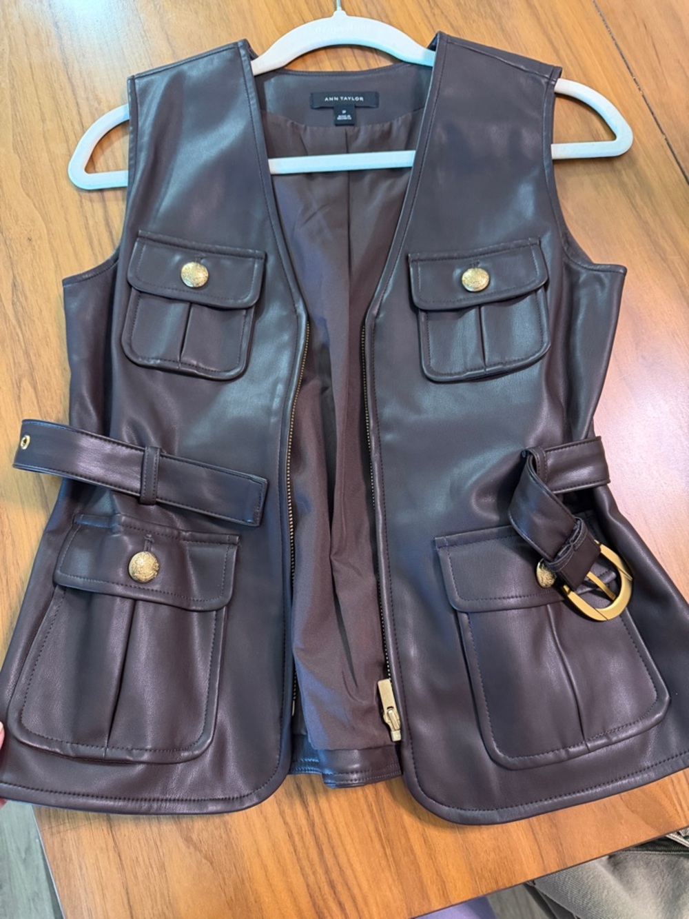 Ann Taylor Brown Faux Leather Utility Vest with Gold Accents